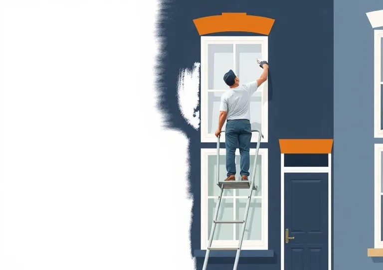 Peintre sur échafaudage traitant la façade d'une maison
