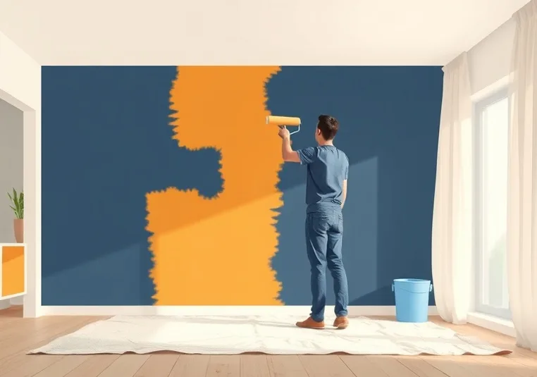 Peintre appliquant la peinture au rouleau sur un mur de salon